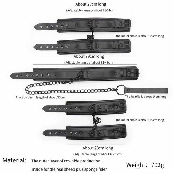 Black Leather Handcuffs Ankle Wrist Cuffs Collar Leash   Restraints Kit Restraint Kits & Sets