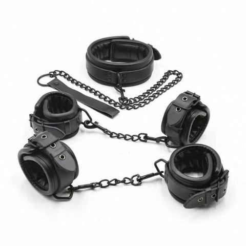 Black Leather Handcuffs Ankle Wrist Cuffs Collar Leash Bdsm Bondage Restraints Kit