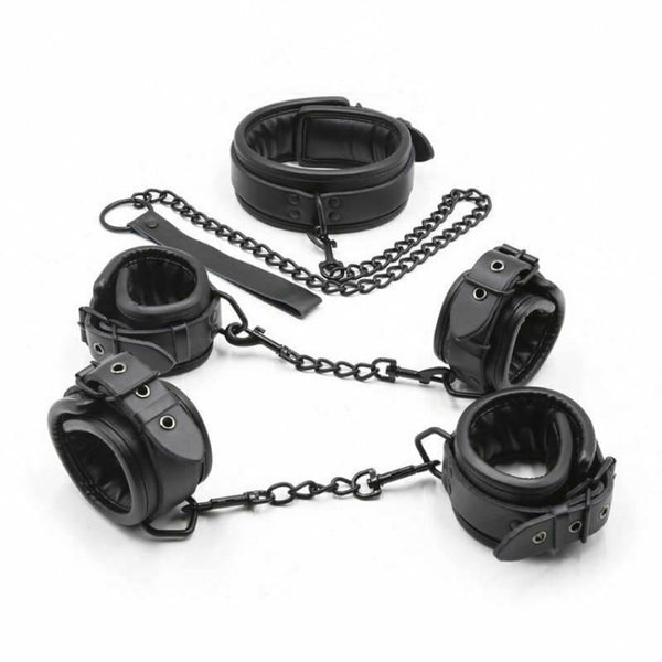 Black Leather Handcuffs Ankle Wrist Cuffs Collar Leash   Restraints Kit Restraint Kits & Sets