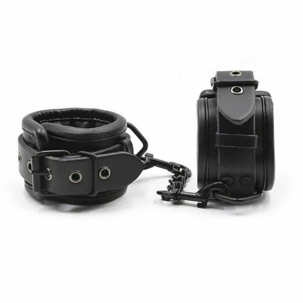 Black Leather Handcuffs Ankle Wrist Cuffs Collar Leash   Restraints Kit Restraint Kits & Sets
