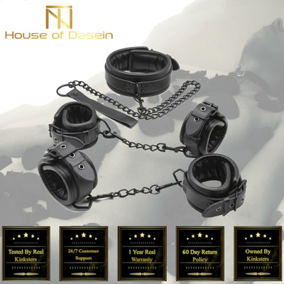 Black Leather Handcuffs Ankle Wrist Cuffs Collar Leash   Restraints Kit Restraint Kits & Sets