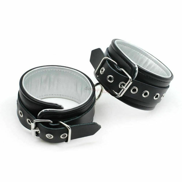 Black Silver Leather Wrist  Handcuffs  Restraints Cuffs & Shackles