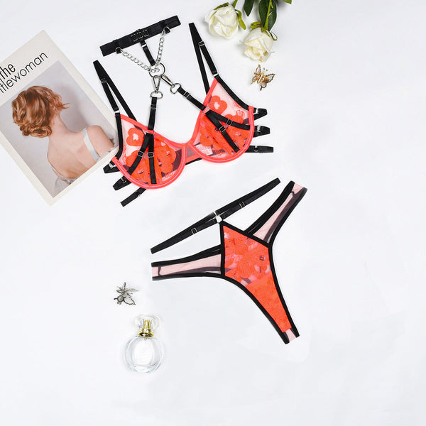 Color Blocking Detachable Two Piece  Bra Set Embroidered Splicing  Lingerie For Women Bras & Bra Sets