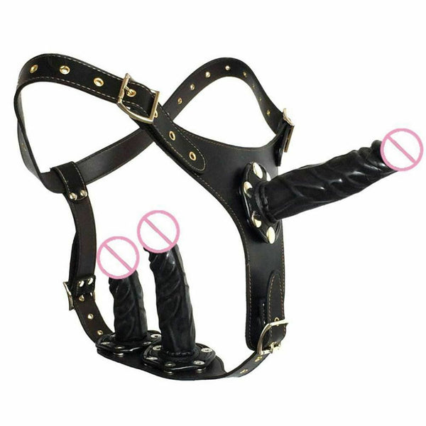 Black Three Dildo Strap Harness Belt Triple Penetration Couples Fetish Strap Ons