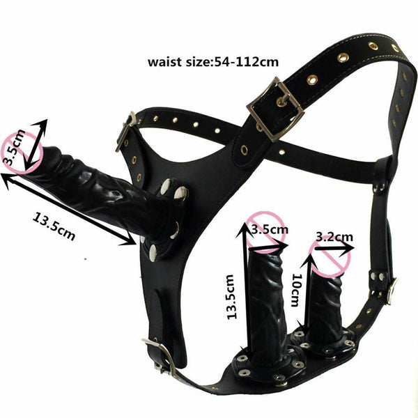 Black Three Dildo Strap Harness Belt Triple Penetration Couples Fetish Strap Ons