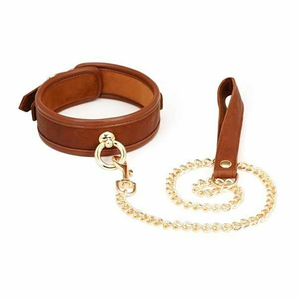 Brown  Leather Collar With Chain Leash  Sex Slave Toys Fetish Collars & Leashes
