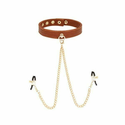 Brown Leather Collar With Nipple Clamps Bdsm Bondage Restraints Sex Slave Games
