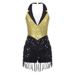 Womens Jazz Latin Dance Performance Costume Halter Backless Sequins Jumpsuit Women's Costumes
