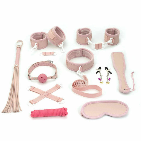 Pink 10Pcs Bdsm Set Collar Nipple Clamps Flogger Cuffs Paddle Rope Blindfold Kit