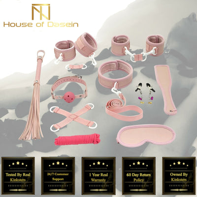 Pink 10Pcs  Set Collar Nipple Clamps Flogger Cuffs Paddle Rope Blindfold Kit  Starter Kits