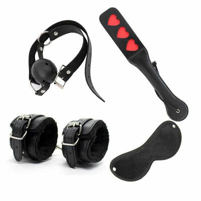 4 Pcs / Set Black  Beginners Starter Kit Heart Paddle Blindfold Cuffs Ball Gag  Starter Kits
