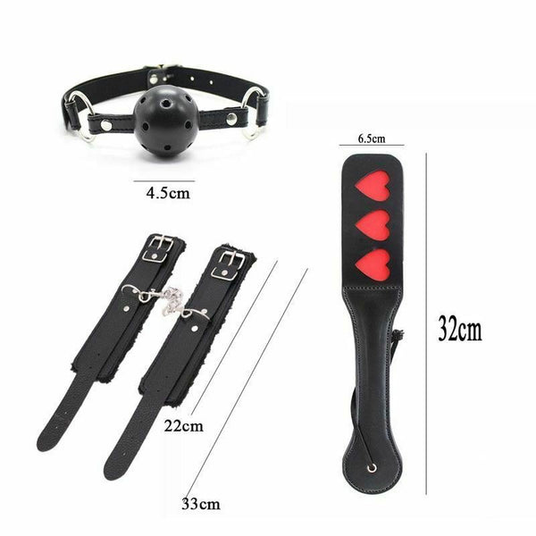 4 Pcs / Set Black  Beginners Starter Kit Heart Paddle Blindfold Cuffs Ball Gag  Starter Kits