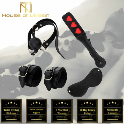 4 Pcs / Set Black  Beginners Starter Kit Heart Paddle Blindfold Cuffs Ball Gag  Starter Kits