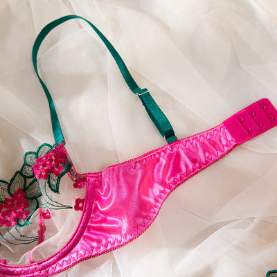 Summer Mesh Floral Embroidery Sheer Underwire Gathered Bra Panty  Lingerie Women's Set Bras & Bra Sets