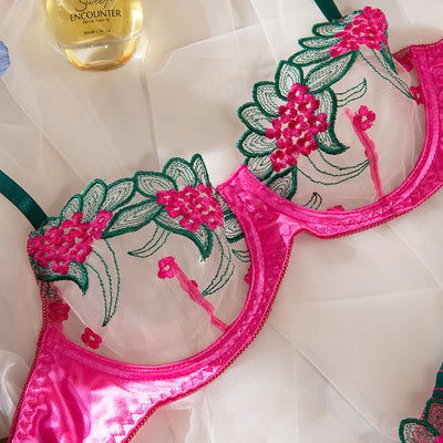 Summer Mesh Floral Embroidery Sheer Underwire Gathered Bra Panty  Lingerie Women's Set Bras & Bra Sets