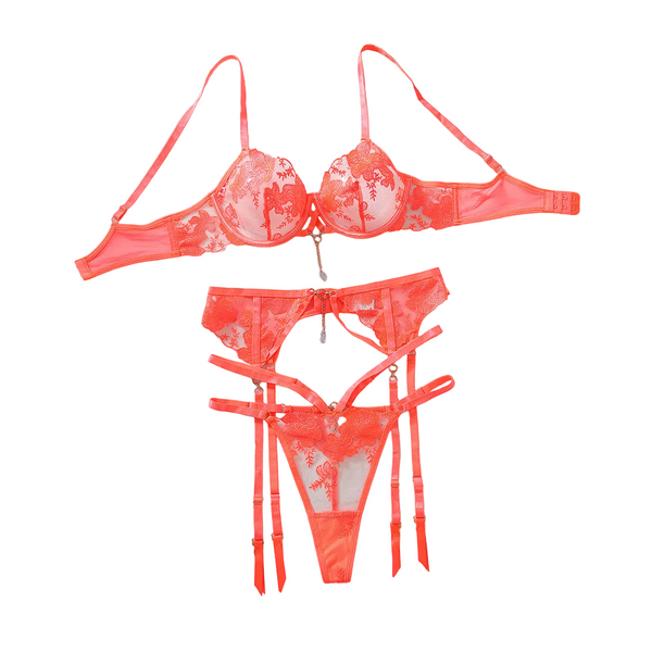 Embroidered Mesh Perspective  Gathering Lingerie Three Piece Set Other Women's Underwear