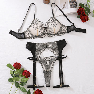 Steel Ring Gathering Bra Set Mesh Splicing Embroidery Lace  Lingerie Four Piece Set Bras & Bra Sets
