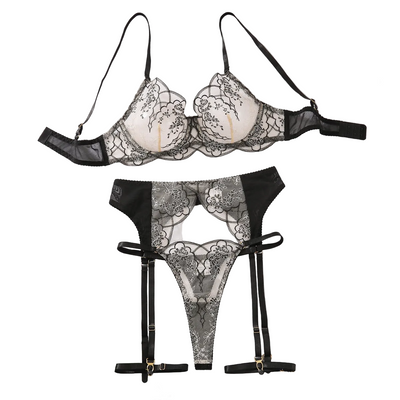 Steel Ring Gathering Bra Set Mesh Splicing Embroidery Lace  Lingerie Four Piece Set Bras & Bra Sets