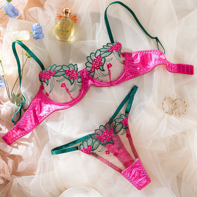 Summer Mesh Floral Embroidery Sheer Underwire Gathered Bra Panty  Lingerie Women's Set Bras & Bra Sets