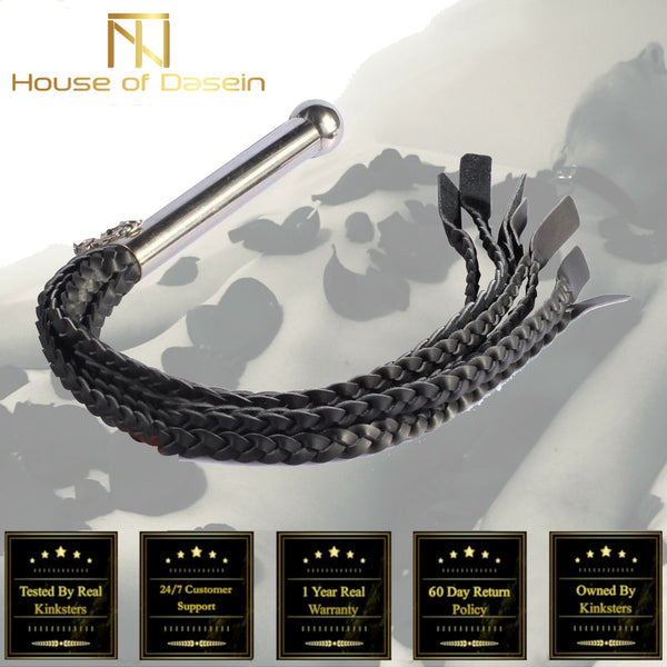 Braided Leather Flogger Metal Handle Impact Play Spanking Whip  Floggers