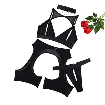 Solid Color Splicing Mesh Underwear Perspective Hollow Out Fun Four Piece Set Bras & Bra Sets