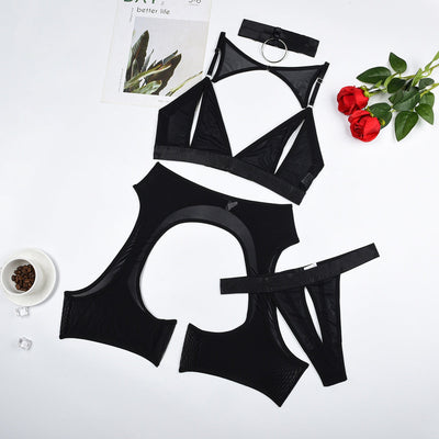 Solid Color Splicing Mesh Underwear Perspective Hollow Out Fun Four Piece Set Bras & Bra Sets