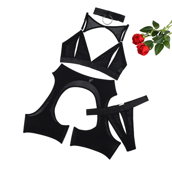 Solid Color Splicing Mesh Underwear Perspective Hollow Out Fun Four Piece Set Bras & Bra Sets