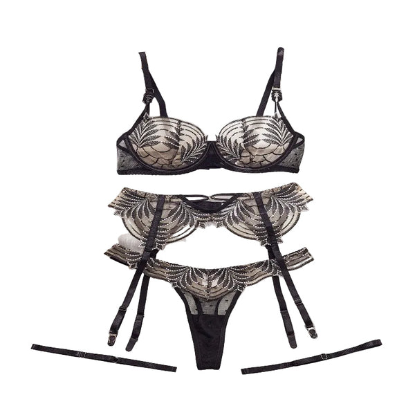 Embroidered Lace Splicing Polka Dot Mesh  Lingerie Four Piece Set Bodysuits