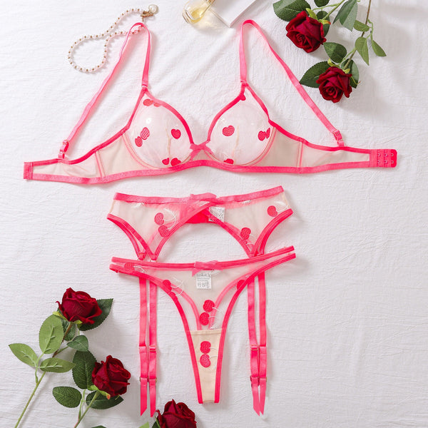 Embroidered Mesh Perspective Sex Set  Underwear 3 Piece Other Women's Underwear