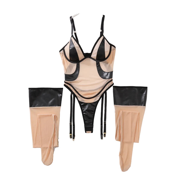 Mesh Pu Leather Patchwork Jumpsuit Leg Socks Ultra Thin Non Removable Lingerie Set Bodysuits