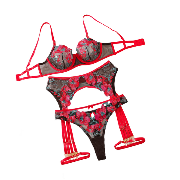 Mesh Embroidered Bra Set With Hollow Out Perspective – Four Piece Lingerie Set Bras & Bra Sets