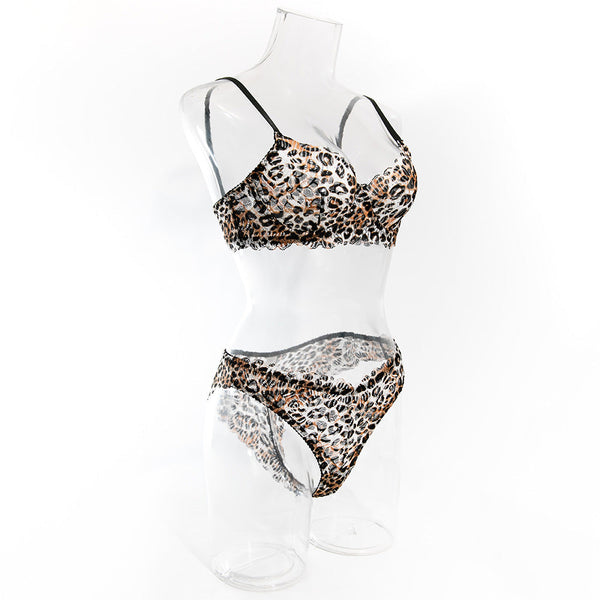 Gathered  Leopard Print Bra And Panty Set For Women Thin Fit Comfortable Bras & Bra Sets