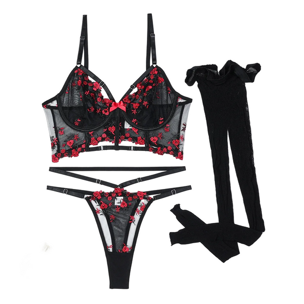 Delicate Small Floral Hollow Design Complex Three Piece Silk Stocking  Lingerie Set Other Women's Underwear