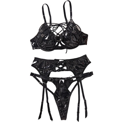 Pu Leather  Gathering Bra Set With Hollowed Out Backless  Lingerie And Underwear Three Piece Set Bras & Bra Sets