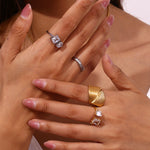 Veile Studios Retro Hand Decorated Geometric Fan Shaped Stripe Cross Ring For Women Rings