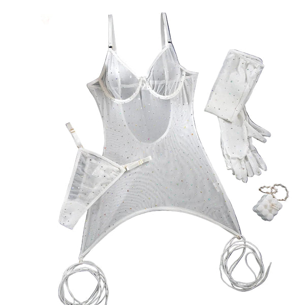 Sequin Feature Women's Nightclub Style Push Up Bra With Gloves And Wrist Straps Three Piece Set Bras & Bra Sets