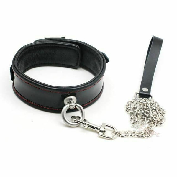 Black Genuine Leather  Collar Leash Metal Chain  Beginners Collars & Leashes