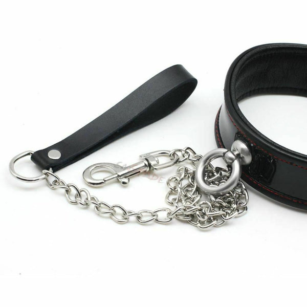 Black Genuine Leather  Collar Leash Metal Chain  Beginners Collars & Leashes