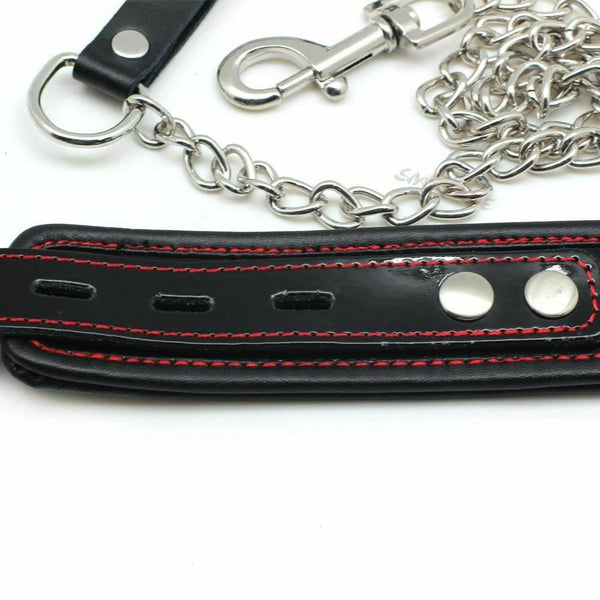 Black Genuine Leather  Collar Leash Metal Chain  Beginners Collars & Leashes