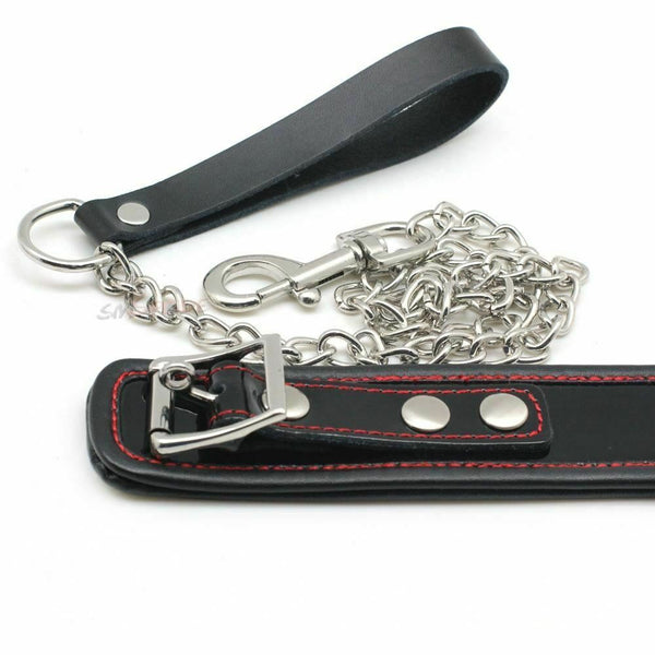 Black Genuine Leather  Collar Leash Metal Chain  Beginners Collars & Leashes