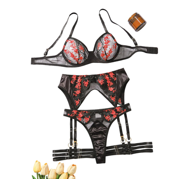 Mesh Embroidery Splicing Underwear Garter Belt  Four Piece Set Other Women's Underwear