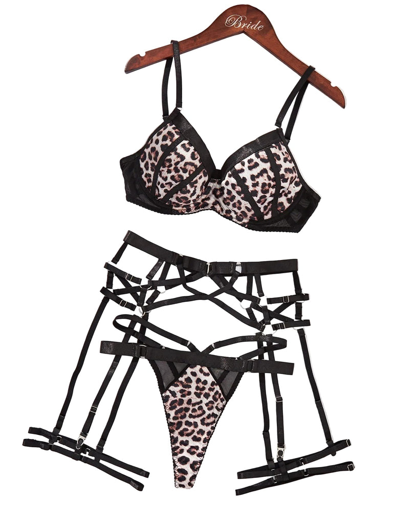 Bra Set With Leopard Pattern Splicing 4 Piece Set Bras & Bra Sets