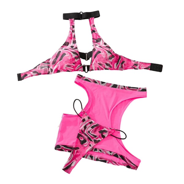 Color Blocked Hollow Hanging Neck Sex Suit  Backless Transparent Short Skirt Three Piece Set Other Erotic Clothing