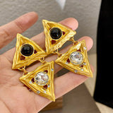 Veile Studios Middle Aged Crystal Hollow Diamond Triangle Embossed Geometric Design Earrings