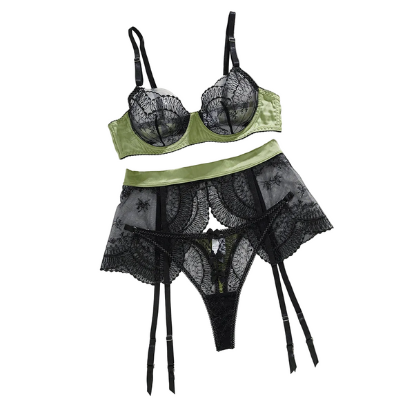 Color Blocking Splicing  Bra Set Mesh Transparent Hollow Out Erotic Lingerie Three Piece Bras & Bra Sets