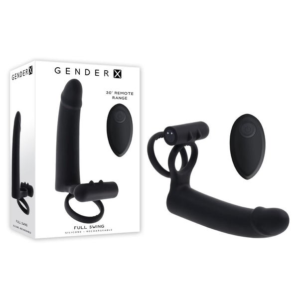 Gender X Full Swing Black Usb Rechargeable Vibrating  Ring With Double Penetrator Dildo  Rings