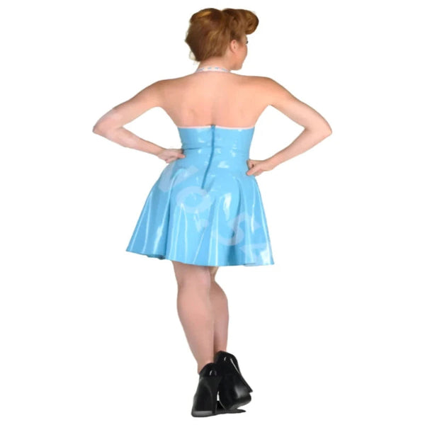 Latex Halter A Line Dress Blue Rubber Clubwear Skirt Women's Costumes