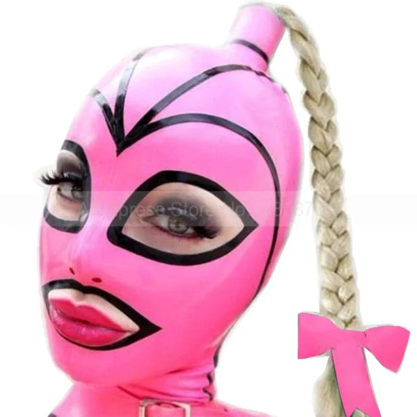 Women Men Mask With Twist Braid Wig Back Zip Rubber Fetish Hood S Lm264 Latex
