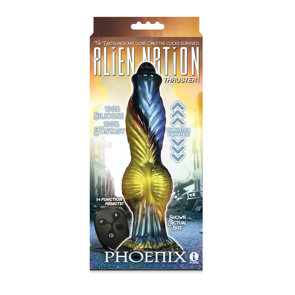 Alien Nation Phoenix Gold/Blue & Black 25.4 Cm Usb Rechargeable Thrusting Fantasy Dong With Remote Fantasy Dildos