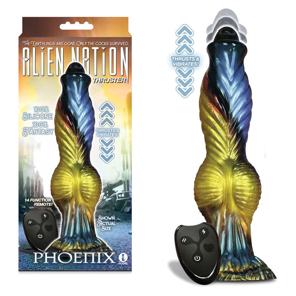 Alien Nation Phoenix Gold/Blue & Black 25.4 Cm Usb Rechargeable Thrusting Fantasy Dong With Remote Fantasy Dildos